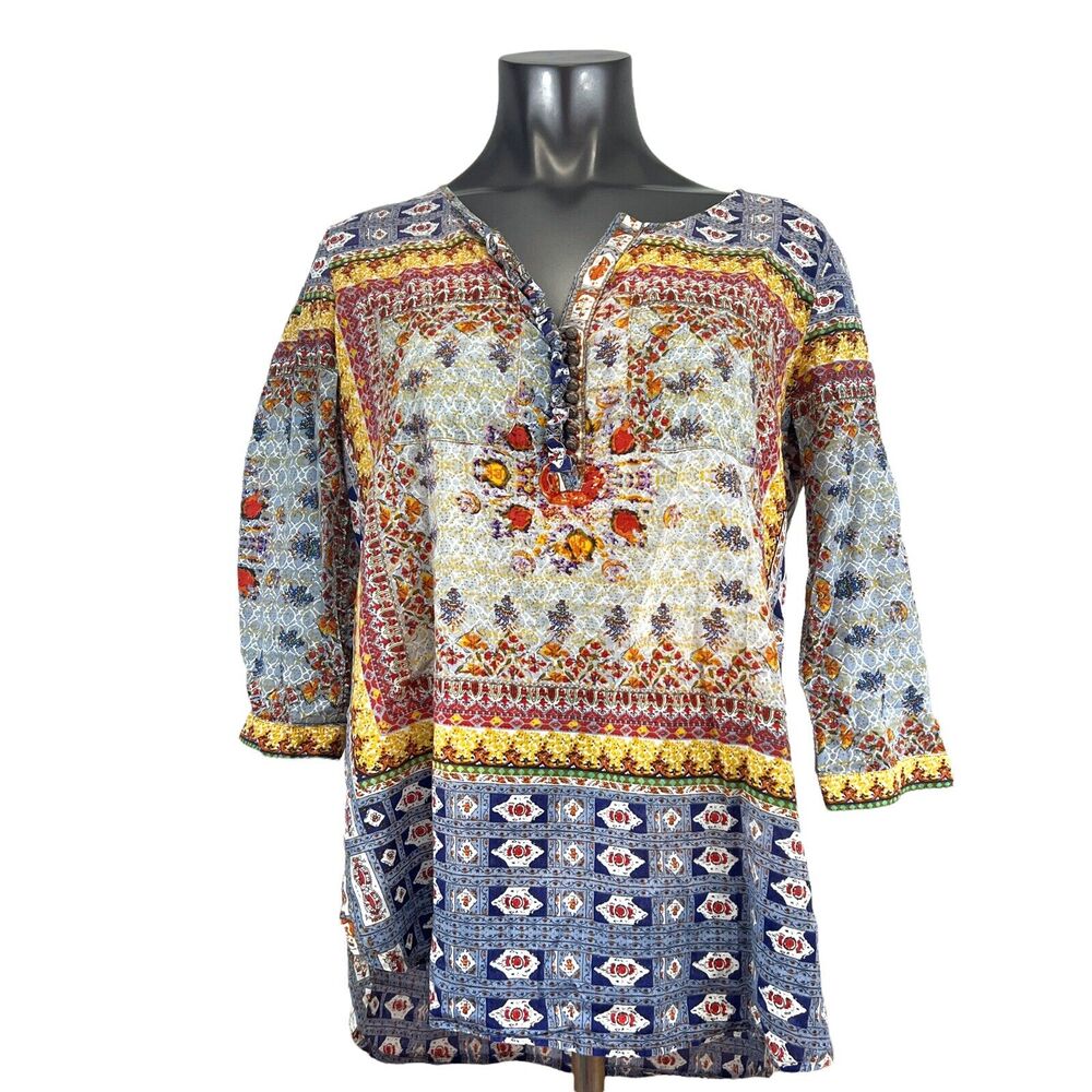 Silent Arrata Journey Womens Top 3/4 Sleeve Boho Embroidered Floral Back Medium